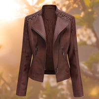 Elisabeth | Damen Bikerjacke Kunstleder Reißverschluss Schulterdetail in Dunkelbraun