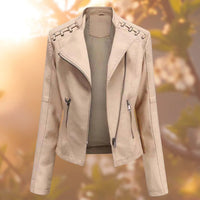 Elisabeth | Damen Bikerjacke Kunstleder Reißverschluss Schulterdetail in Khaki