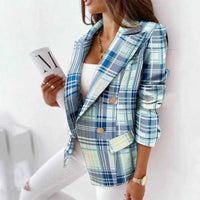 Damen karierter Blazer mit Knöpfen, Langarm in Blau