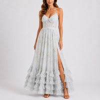 Luisa | Damen Blumen Korsett Maxi Kleid Hochzeitsgast Herbst Abendkleid in Blau