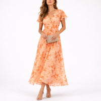Clara | Damen Blumen Maxi Hochzeitsgast Kleid Fließend V-Ausschnitt in Orange