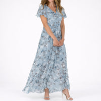 Clara | Damen Blumen Maxi Hochzeitsgast Kleid Fließend V-Ausschnitt in Blau