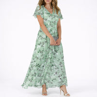 Clara | Damen Blumen Maxi Hochzeitsgast Kleid Fließend V-Ausschnitt in Grün