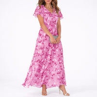 Clara | Damen Blumen Maxi Hochzeitsgast Kleid Fließend V-Ausschnitt in Rosa