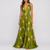Annika | Damen Blumen Maxi Hochzeitskleid Gast tief V-Ausschnitt Chiffon in Grün