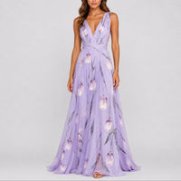 Annika | Damen Blumen Maxi Hochzeitskleid Gast tief V-Ausschnitt Chiffon in Lila