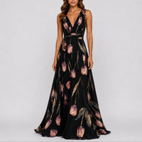 Annika | Damen Blumen Maxi Hochzeitskleid Gast tief V-Ausschnitt Chiffon in Schwarz