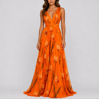 Annika | Damen Blumen Maxi Hochzeitskleid Gast tief V-Ausschnitt Chiffon in Orange
