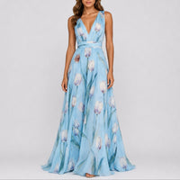 Annika | Damen Blumen Maxi Hochzeitskleid Gast tief V-Ausschnitt Chiffon in Hellblau