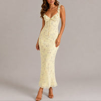 Greta | Damen Blumen Maxi Hochzeitskleid Rüschenträger Elegant in Gelb