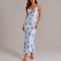 Greta | Damen Blumen Maxi Hochzeitskleid Rüschenträger Elegant in Blau