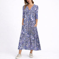Clara | Damen Blumen Midi Kleid für Hochzeitsgäste im Herbst V-Ausschnitt in Blau