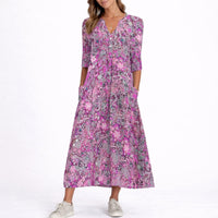 Clara | Damen Blumen Midi Kleid für Hochzeitsgäste im Herbst V-Ausschnitt in Lila