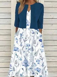 Emilia | Damen Blumen Midi Kleid mit Rundhals Halbarm und Seitentaschen in Dunkelblau