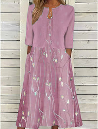 Emilia | Damen Blumen Midi Kleid mit Rundhals Halbarm und Seitentaschen in Rosa