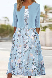 Emilia | Damen Blumen Midi Kleid mit Rundhals Halbarm und Seitentaschen in Hellblau