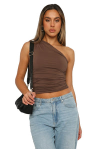 Damen-Bluse mit einseitiger Schulter und Raffungen in Braun