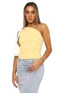 Damen-Bluse mit einseitiger Schulter und Raffungen in Gelb