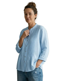 Damen Bluse mit Faltenfront und Knopfleiste in Blau