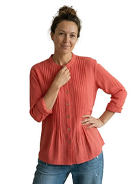 Damen Bluse mit Faltenfront und Knopfleiste in Rot