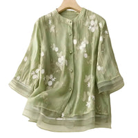 Damen Bluse mit Knopfleiste, Rundhalsausschnitt und floraler Struktur in Grün