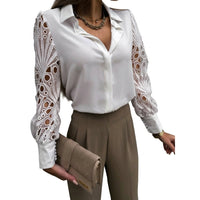 Damen-Bluse mit Knopfleiste und Ärmeln mit Durchbruchmuster in Weiß