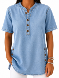 Damen Bluse mit Rundhalsausschnitt und Knopfleiste in Hellblau