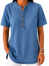 Damen Bluse mit Rundhalsausschnitt und Knopfleiste in Blau