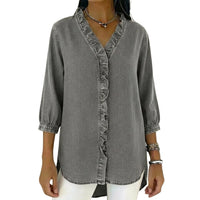 Damen-Bluse mit Rüschenbesatz und 3/4-Ärmeln in Grau
