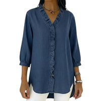Damen-Bluse mit Rüschenbesatz und 3/4-Ärmeln in Marineblau