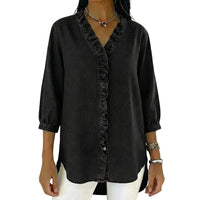 Damen-Bluse mit Rüschenbesatz und 3/4-Ärmeln in Schwarz