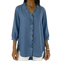 Damen-Bluse mit Rüschenbesatz und 3/4-Ärmeln in Blau