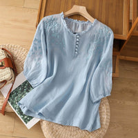 Elisabeth | Damen Bohemian Bluse mit Blumenstickerei Rüschenkragen Puffärmeln in Blau