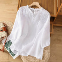 Elisabeth | Damen Bohemian Bluse mit Blumenstickerei Rüschenkragen Puffärmeln in Weiß