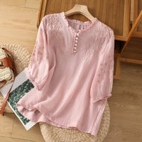 Elisabeth | Damen Bohemian Bluse mit Blumenstickerei Rüschenkragen Puffärmeln in Rosa
