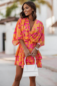 Sophie | Damen Boho Cocktailkleid Tropisches Muster Kurzarm Mini in Orange