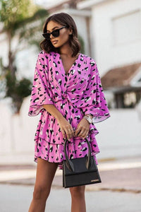 Sophie | Damen Boho Cocktailkleid Tropisches Muster Kurzarm Mini in Rosa