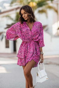 Sophie | Damen Boho Cocktailkleid Tropisches Muster Kurzarm Mini in Lila