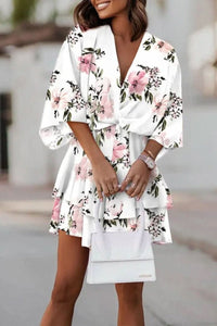 Sophie | Damen Boho Cocktailkleid Tropisches Muster Kurzarm Mini in Weiß