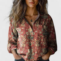 Elisabeth | Damen Boho Langarm Bluse geknöpft florales Muster in Rot