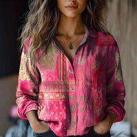 Elisabeth | Damen Boho Langarm Bluse geknöpft florales Muster in Rosa