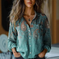 Elisabeth | Damen Boho Langarm Bluse geknöpft florales Muster in Ozeanblau