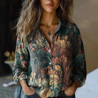 Elisabeth | Damen Boho Langarm Bluse geknöpft florales Muster in Dunkelgrün