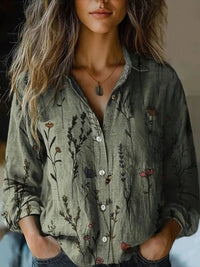Elisabeth | Damen Boho Langarm Bluse geknöpft florales Muster in Olivgrün