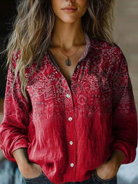 Elisabeth | Damen Boho Langarm Bluse geknöpft florales Muster in Tiefrot