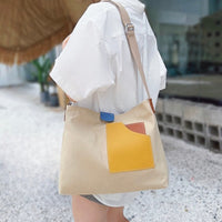 Emilia | Damen Canvas Tote Bag Schultertasche Farbblock PU-Leder in Beige