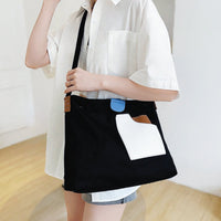 Emilia | Damen Canvas Tote Bag Schultertasche Farbblock PU-Leder in Schwarz