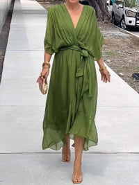 Sophie | Damen Chiffon Cocktailparty-Kleid V-Ausschnitt Taillengürtel Midi in Grün