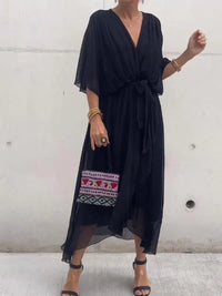Sophie | Damen Chiffon Cocktailparty-Kleid V-Ausschnitt Taillengürtel Midi in Schwarz