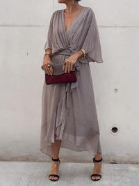 Sophie | Damen Chiffon Cocktailparty-Kleid V-Ausschnitt Taillengürtel Midi in Grau